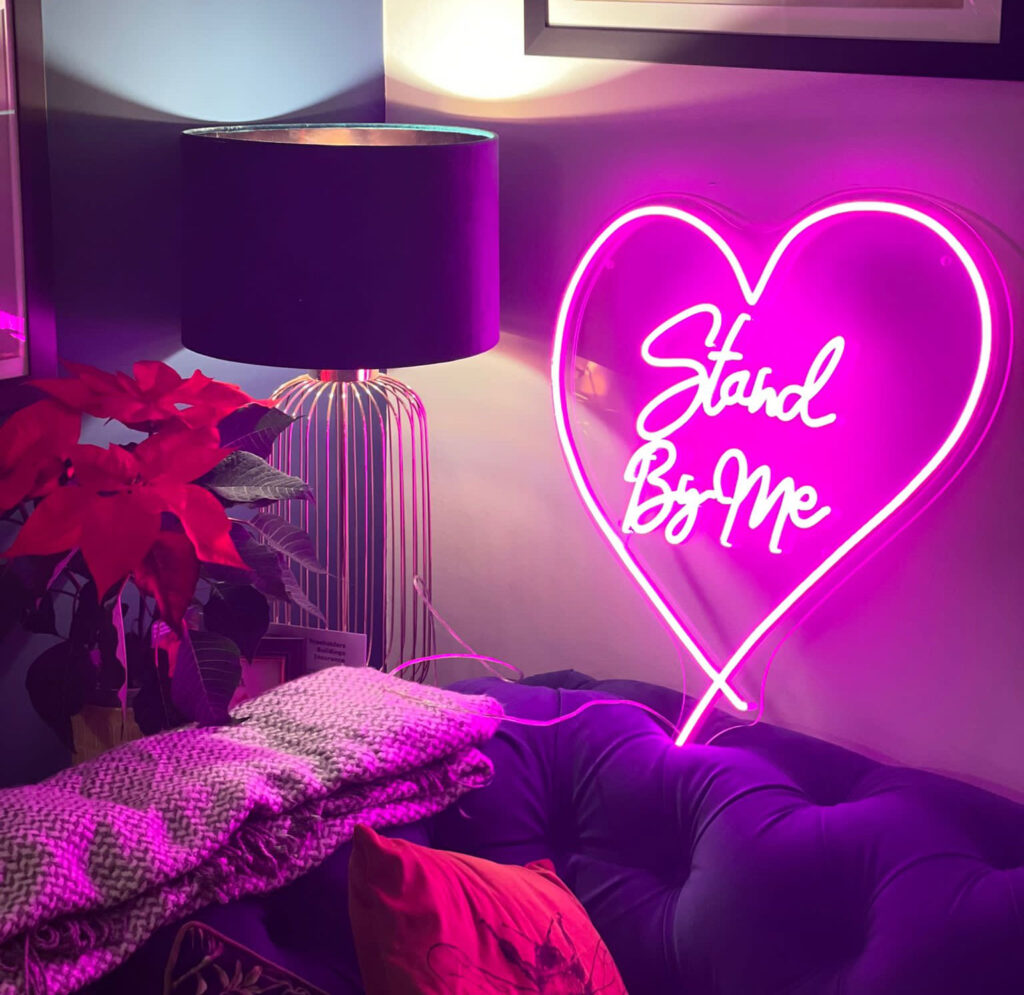 An example of a custom made LED neon wedding sign including a song lyric